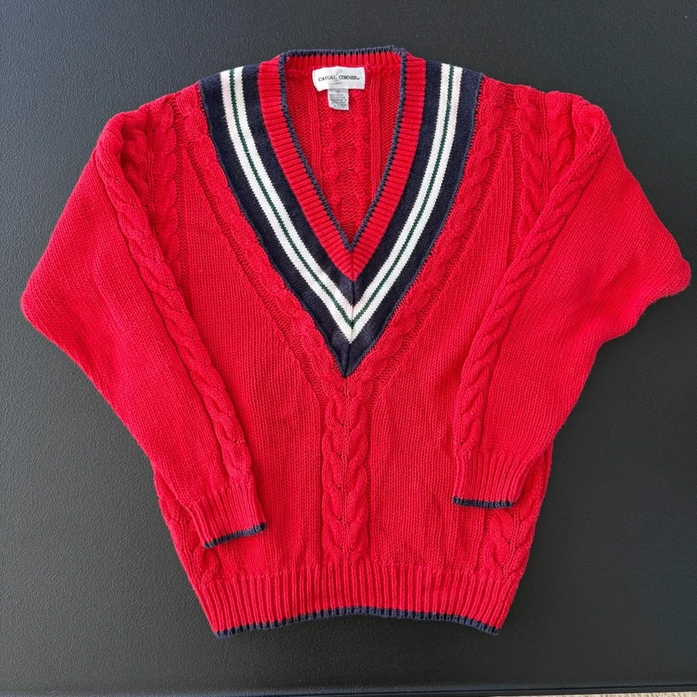 Casual Corner Sweater Womens Size Small Cable Knit Tennis‎ Pullover V Neck Red